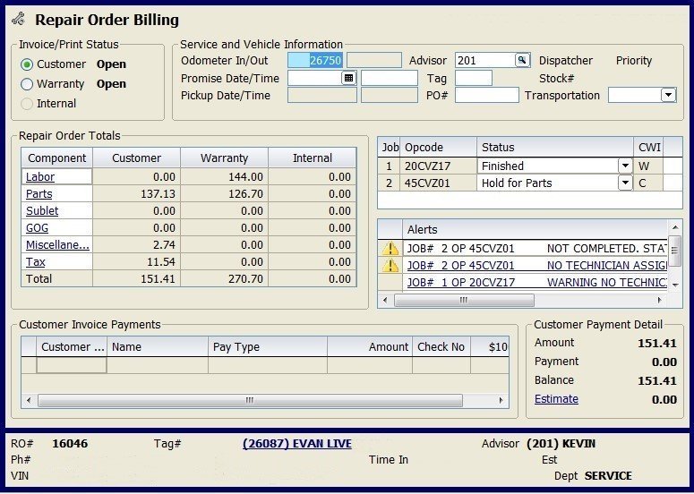 Repair order billing screen 1